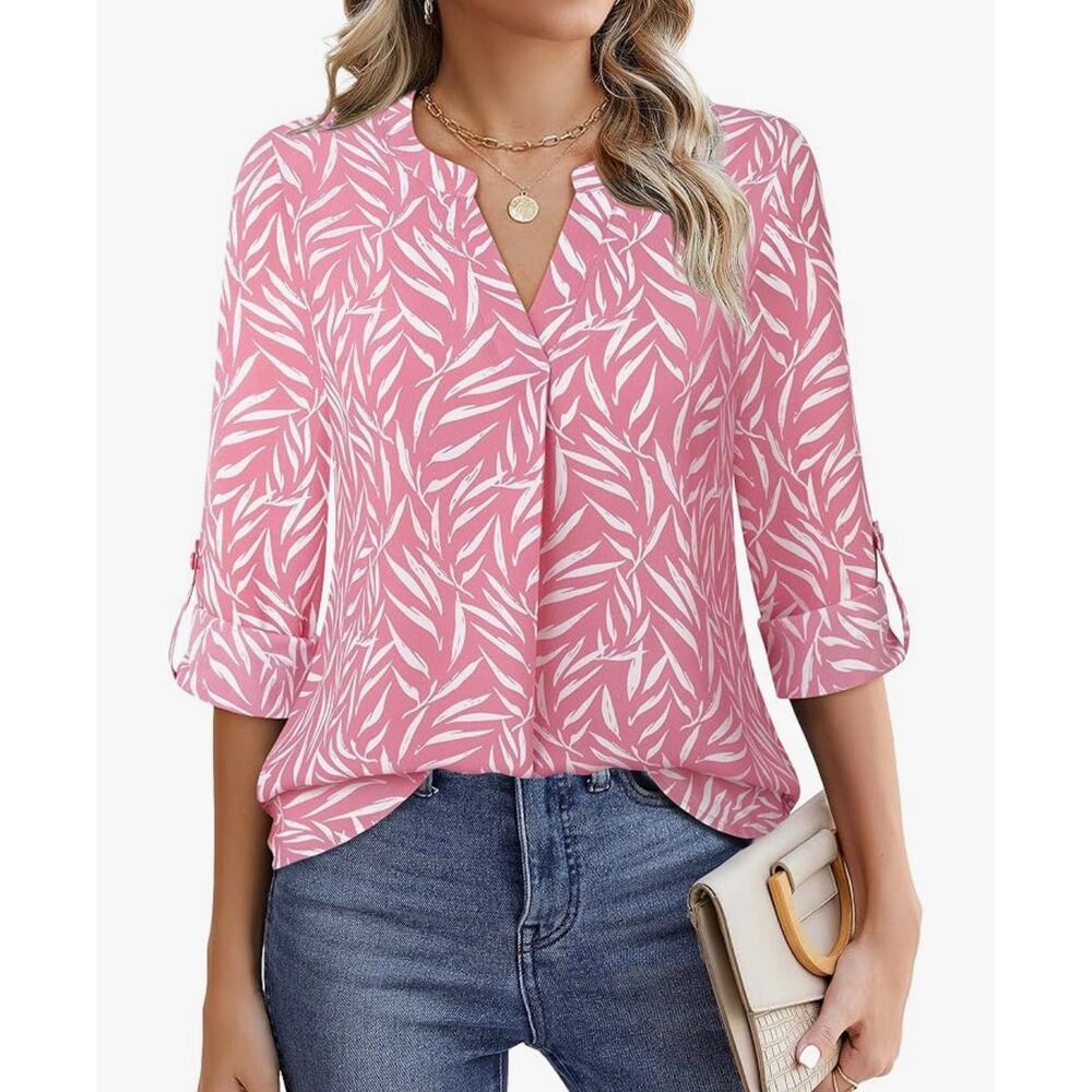 Timeson Women's Chiffon V Neck 3/4 Sleeve Blouse Top Pink White Leaves M NWT